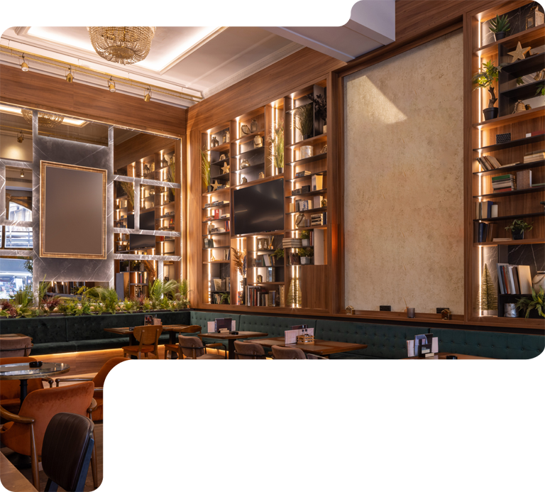 Elegant bar interior with warm wood paneling, mirrored shelves, and a long counter with stools and plants