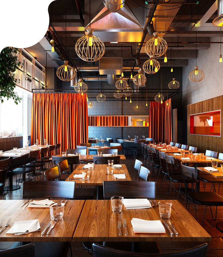 Modern restaurant dining room with wooden tables, blue chairs, hanging lights, and orange curtains