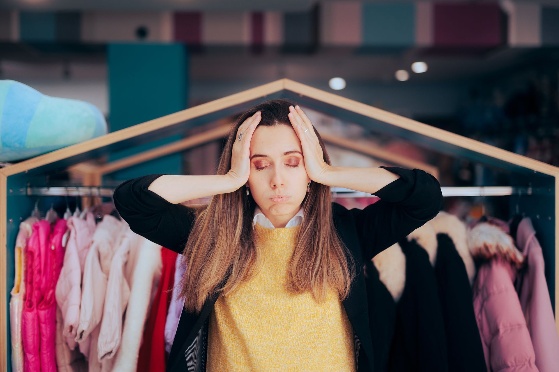 Woman holding her head in a clothing store, standing between racks of pink and neutral coats