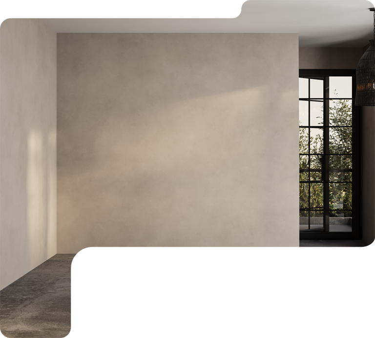 Minimal beige interior with a dark floor and large black-framed window on the right