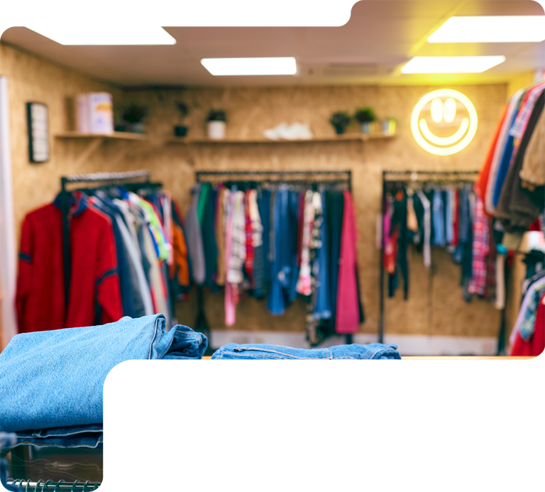 Clothing store interior with racks of colorful clothes and folded jeans in the foreground