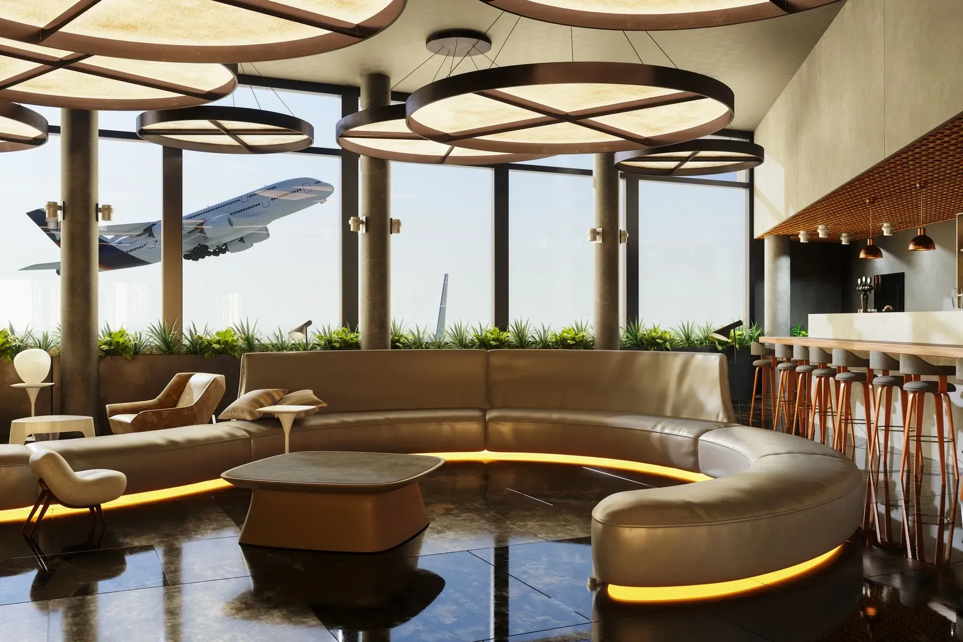 Modern lounge with curved seating, bar stools, large windows, and warm ambient lighting