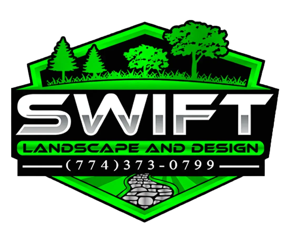 Swift Landscape Design logo with green shield, trees, lawn, and phone number 774-373-0799