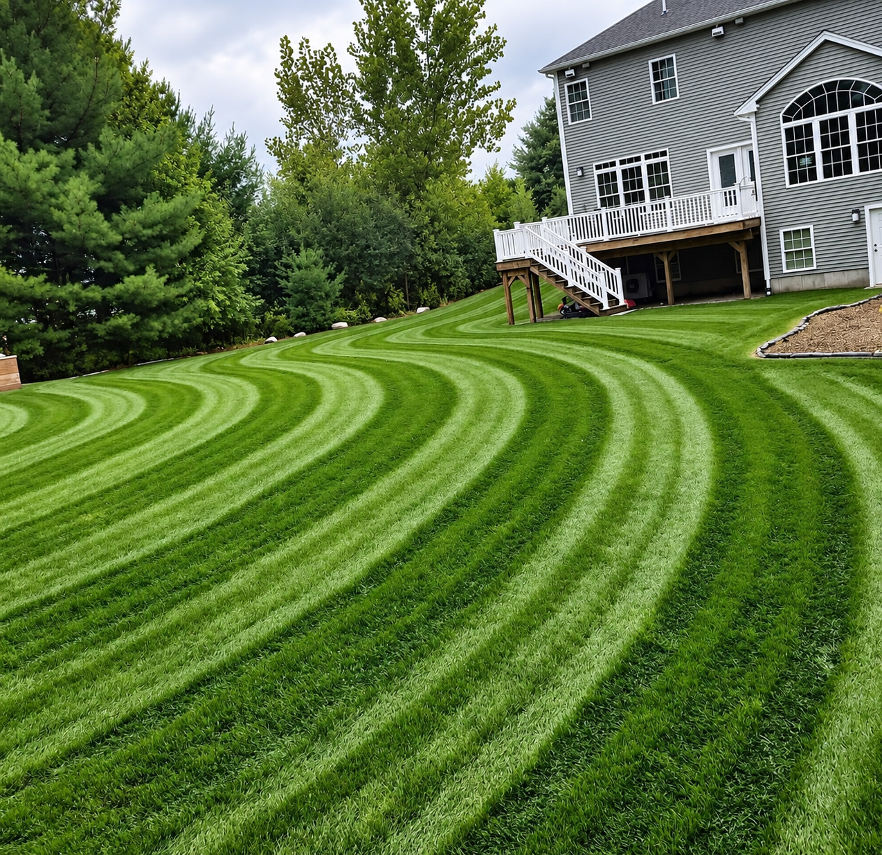 Striped green lawn curving beside a gray house with white trim and stairs, bordered by trees