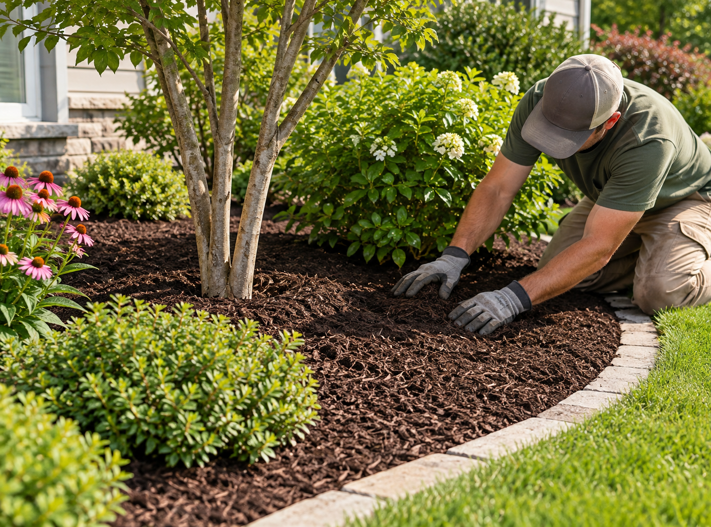 Gardener spreading mulch around shrubs in a landscaped garden bed