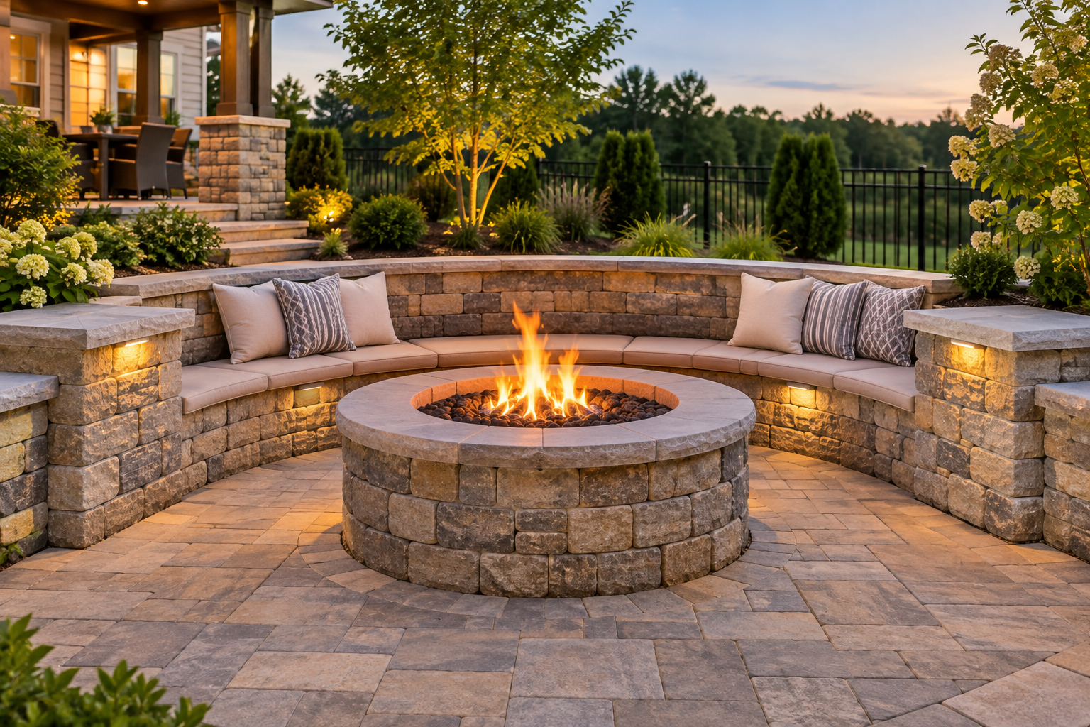 Curved stone patio with built-in seating around a lit fire pit at sunset, landscaped backyard beyond