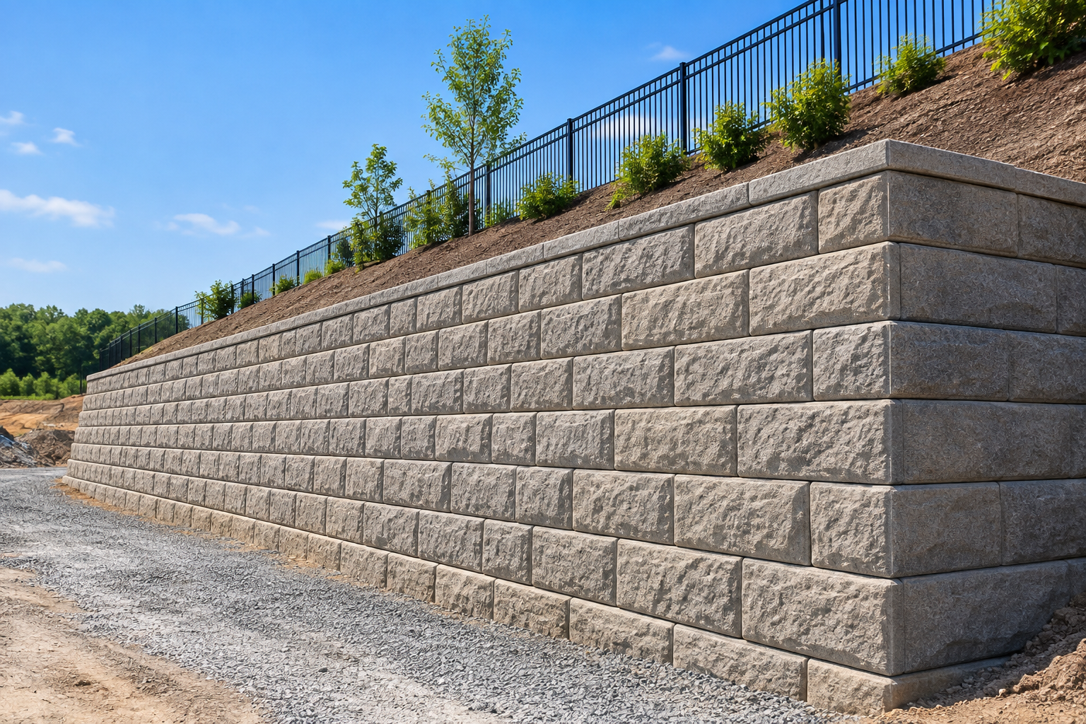 Stone retaining wall with black metal fence on a sloped gravel landscape