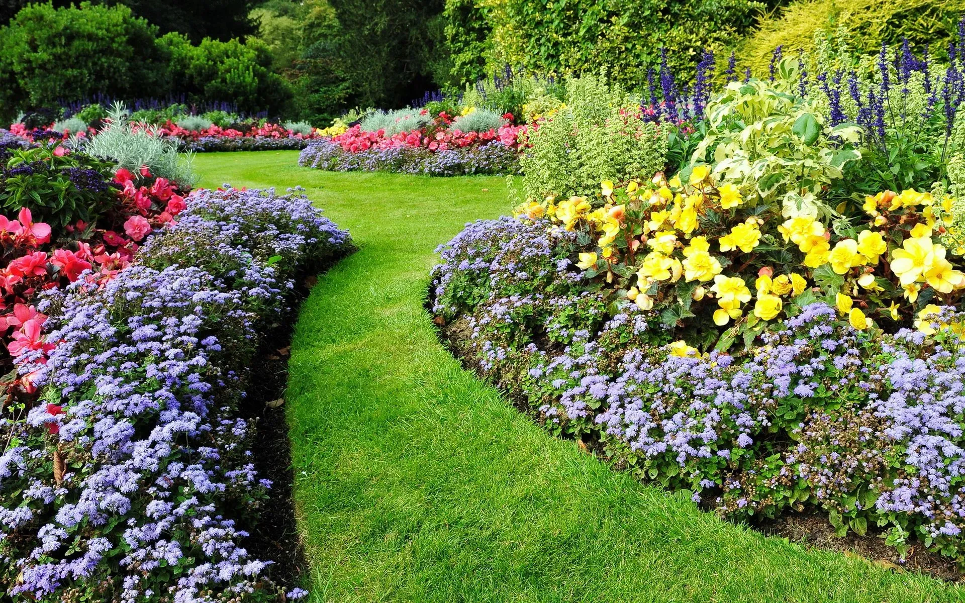 Curving garden path bordered by colorful flower beds and lush green shrubs