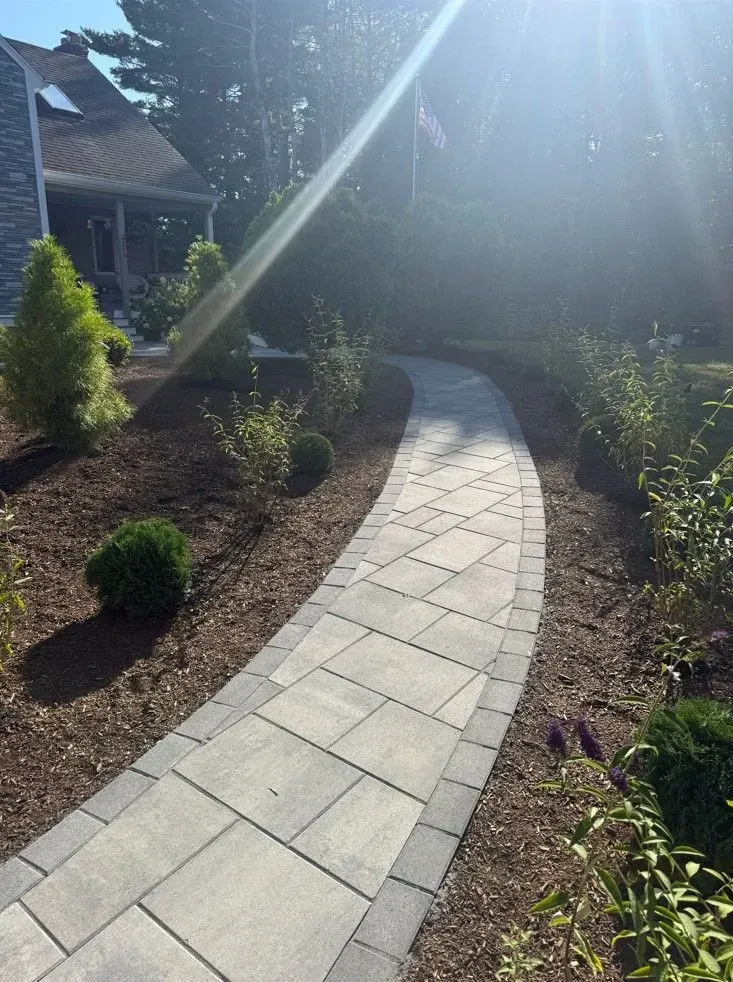 Curved stone walkway through a sunlit garden with shrubs and mulch