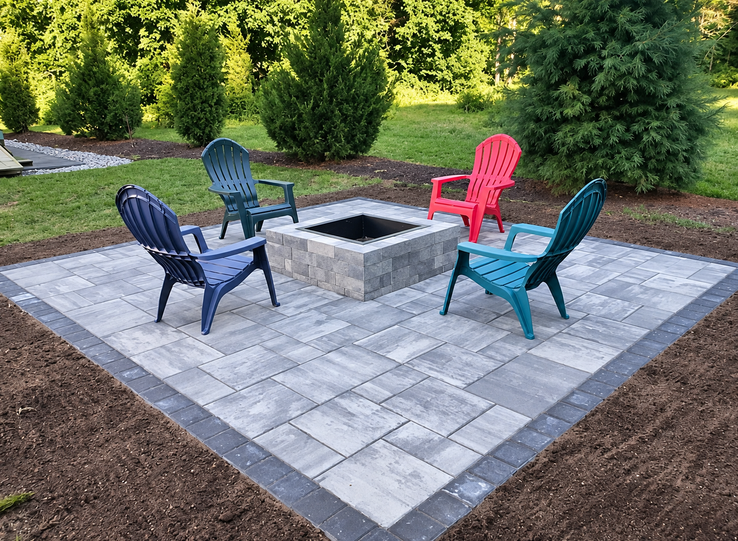 Patio seating beside a blue pool in a landscaped backyard with trees and flowers