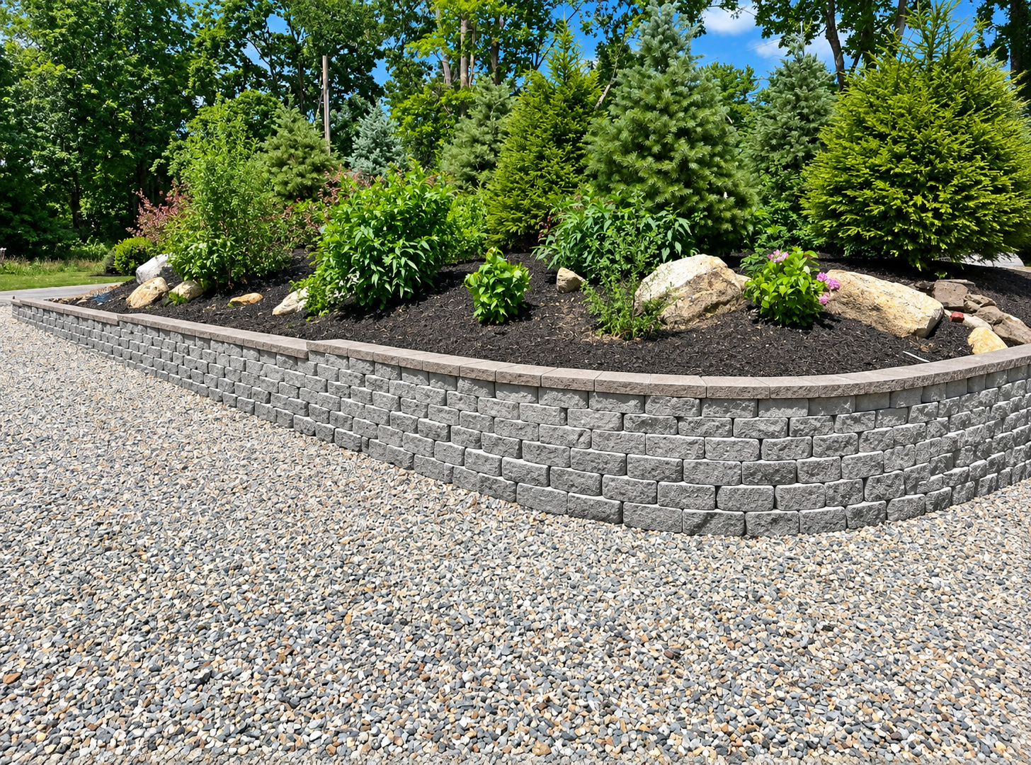 Landscaped stone retaining wall with shrubs and rocks beside a gravel driveway