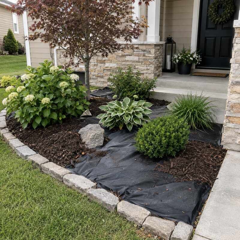 Front yard landscaping with small evergreens and paver walkway beside a white house with garage.