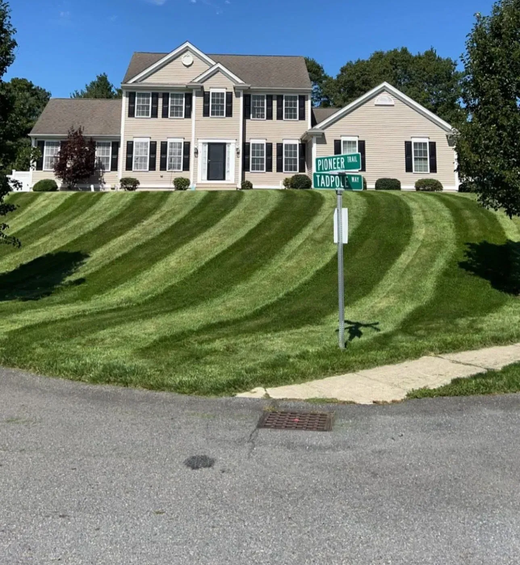 Striped green lawn beside a gray house with white stairs and trees in the background