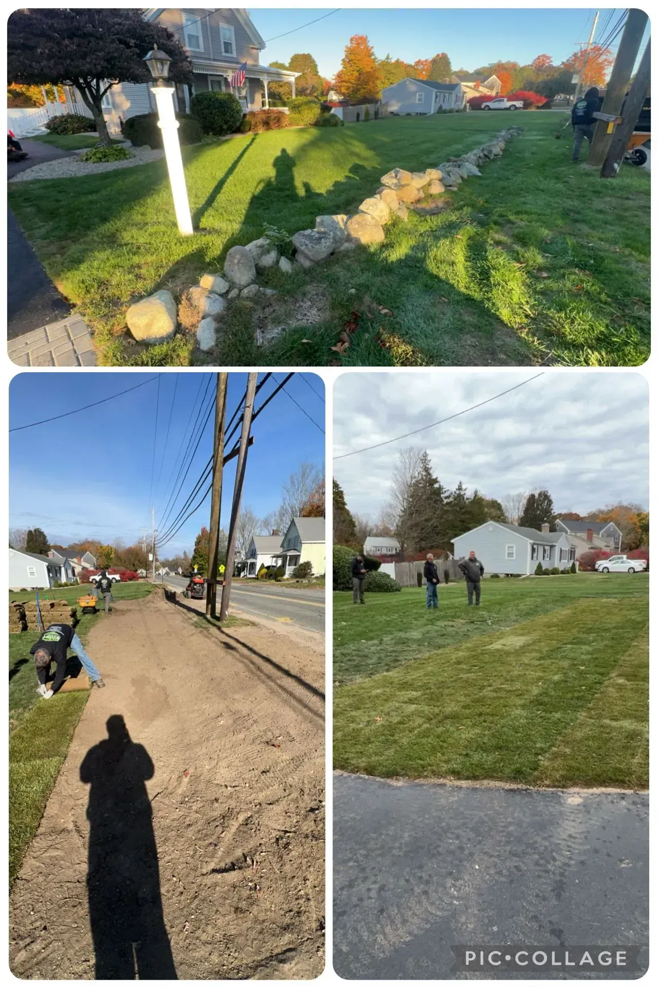 Three outdoor photos of a suburban neighborhood with sidewalks, lawns, and houses on a cloudy day