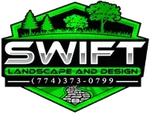 Swift Landscape and Design logo in green and black with phone number (774) 373-0799
