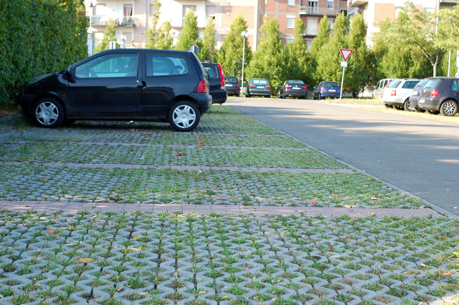 Black hatchback parked beside a cobblestone lot near apartment buildings and trees.
