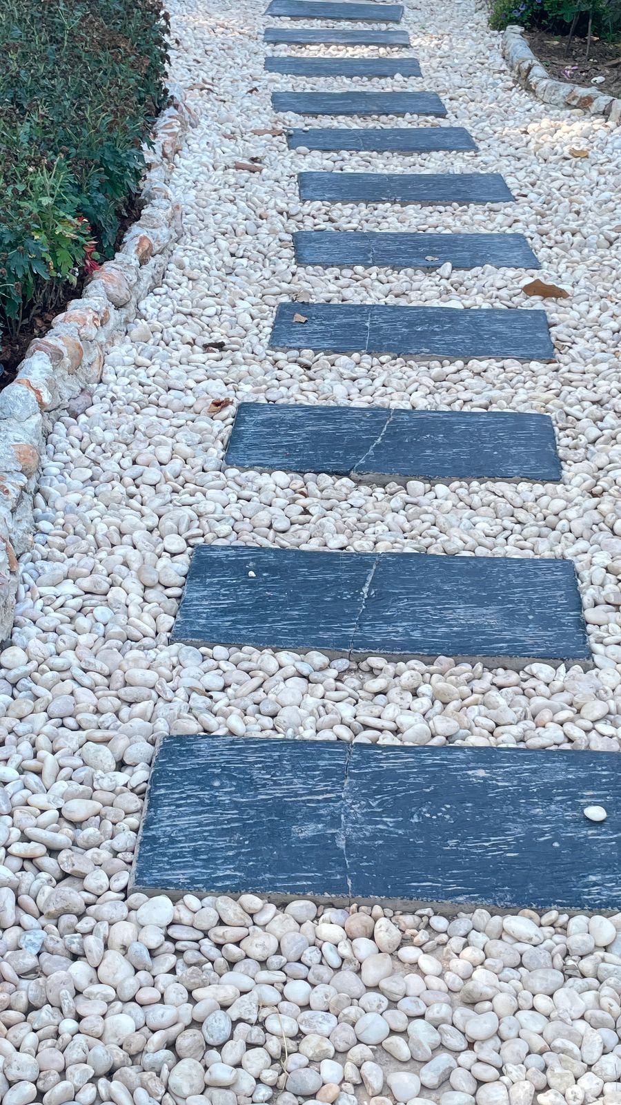 Stone pathway with rectangular dark stepping stones set in white gravel, bordered by plants