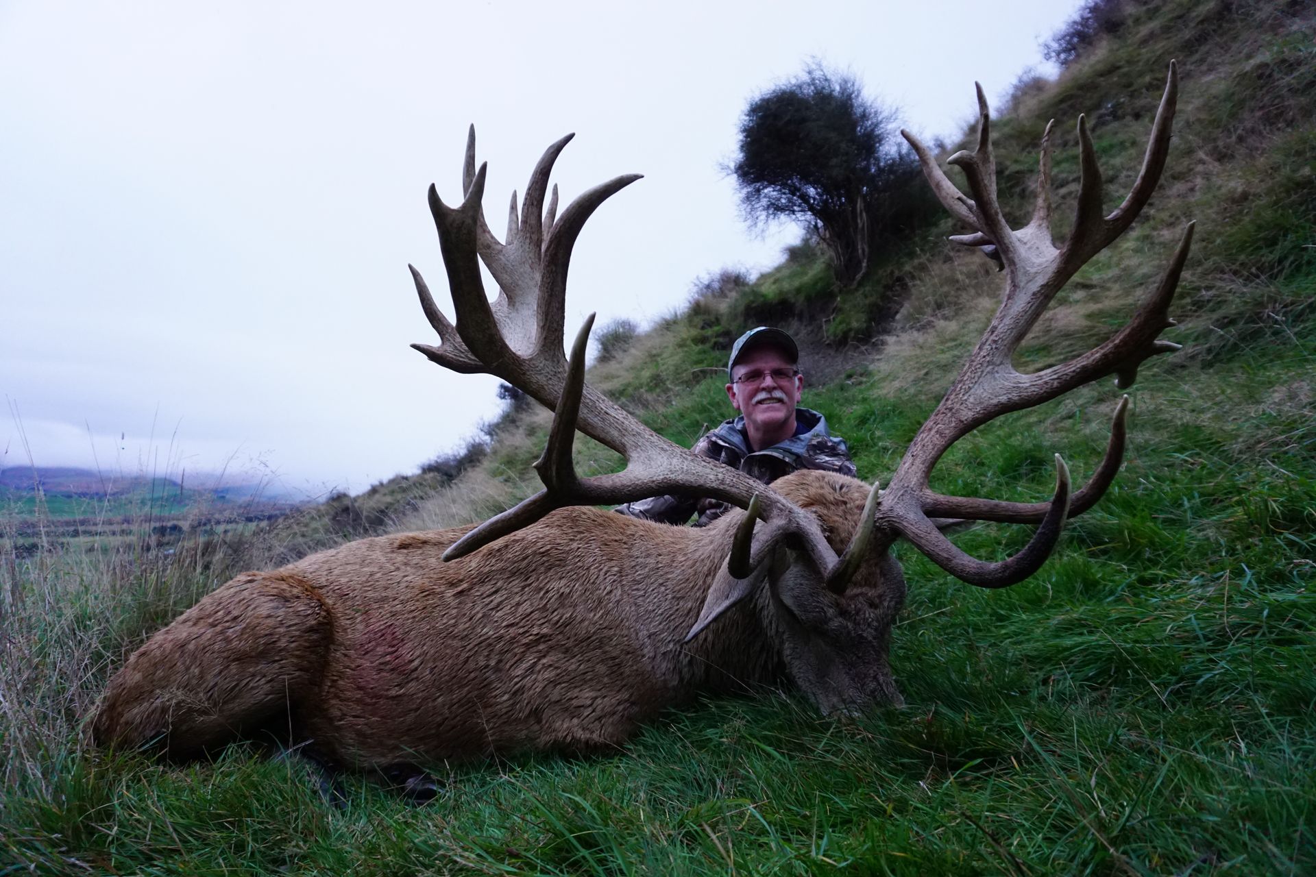 Man in camouflage stands beside a large dead deer with huge antlers, on a grassy hillside.