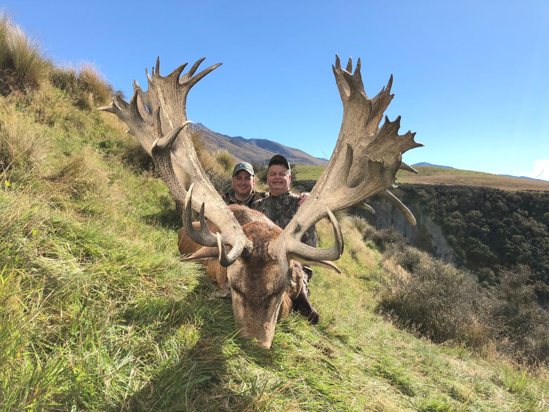Two hunters pose with a large fallow deer they have killed on a grassy hillside. The deer has impressive antlers, and the sky is blue.
