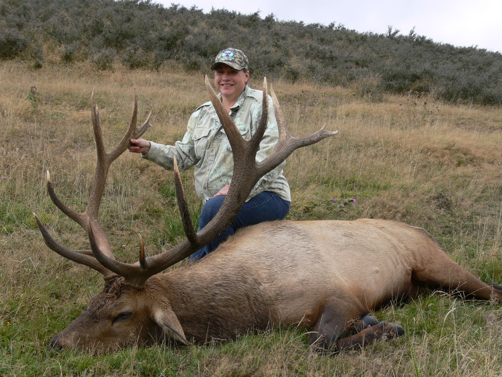 Woman in camouflage with a large elk she has hunted on grassy hillside. She is smiling, holding its antlers.