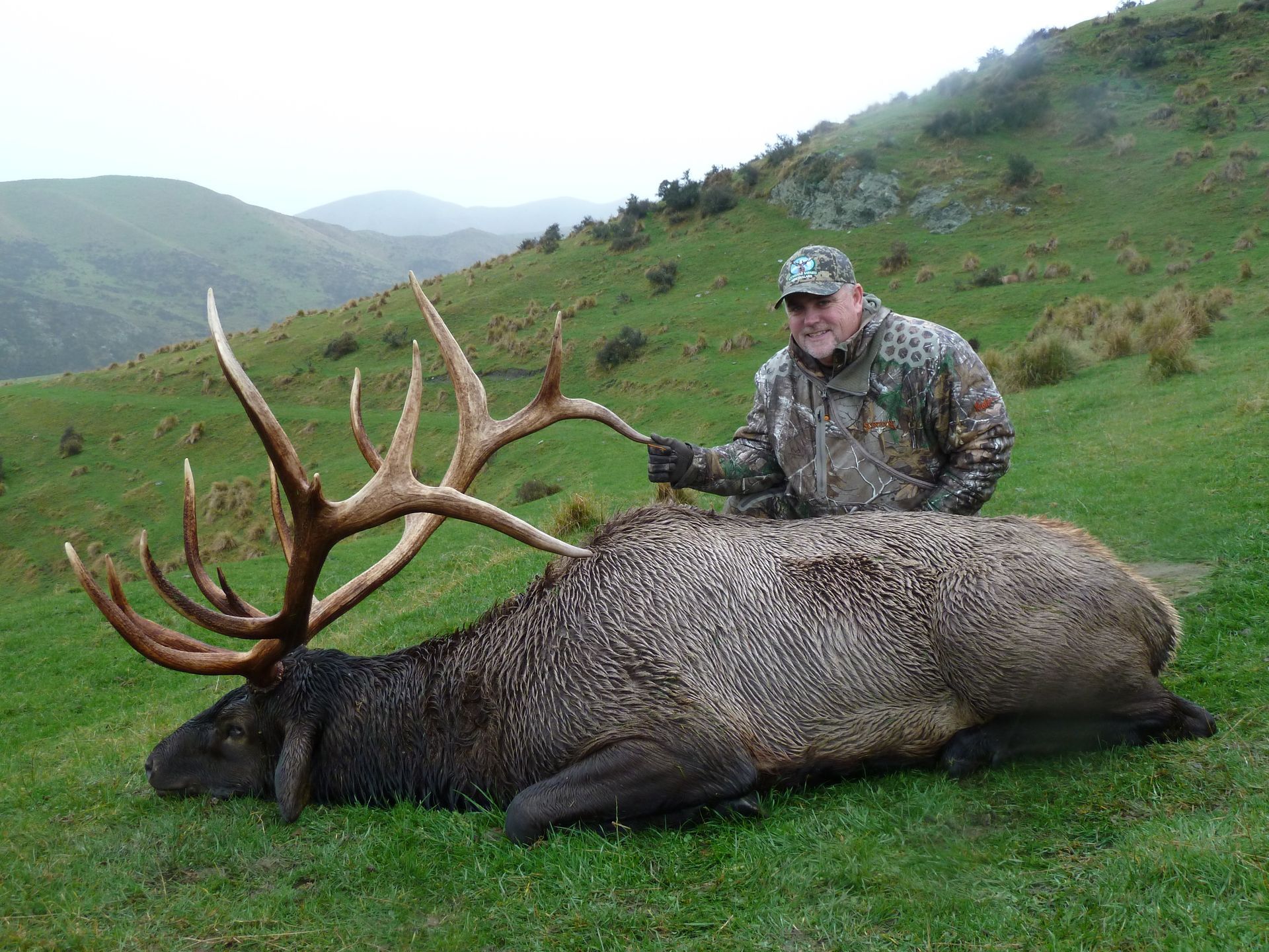 A man in camouflage poses with a large elk lying on green grass in a mountainous setting. The elk has massive antlers.