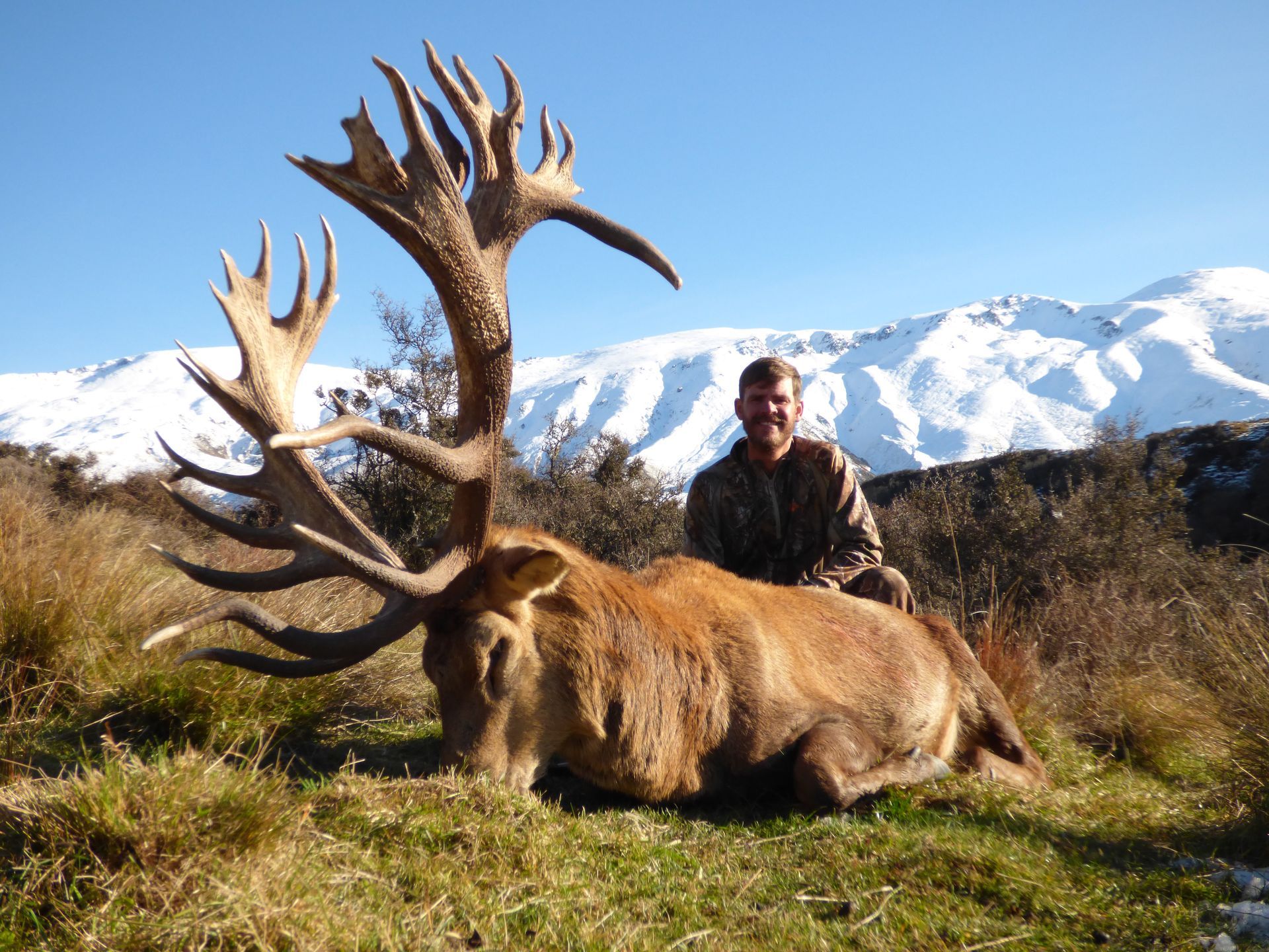 Man in camouflage poses with a large red stag with impressive antlers, lying in grassy terrain with snow-capped mountains in the background.