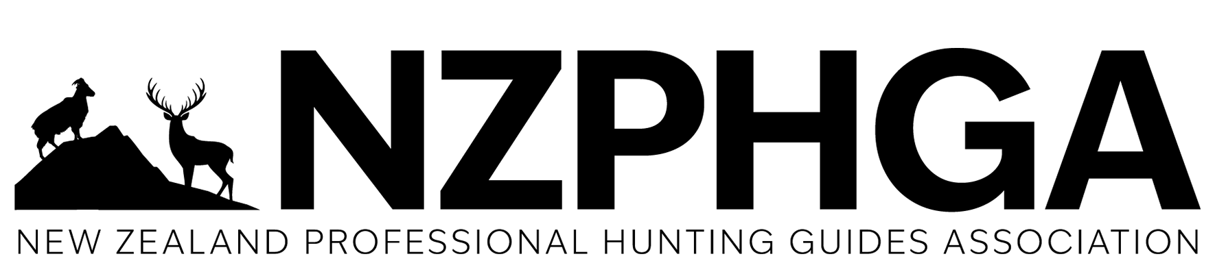 NZPHGA logo with silhouettes of a goat and deer on a rocky outcrop, beside bold letters 