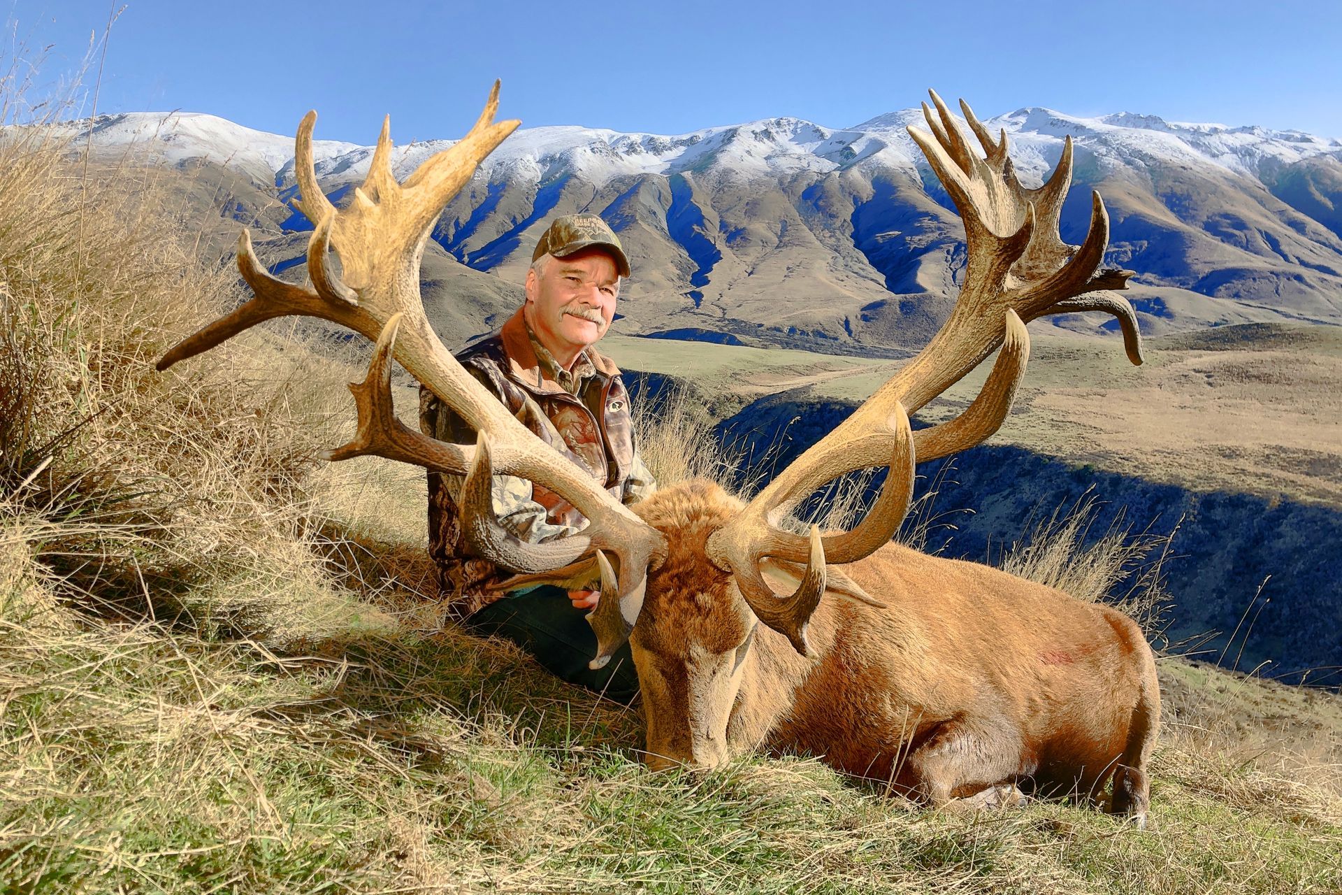 Man kneeling beside a large red deer with massive antlers on a grassy hillside with snowy mountains in the background.
