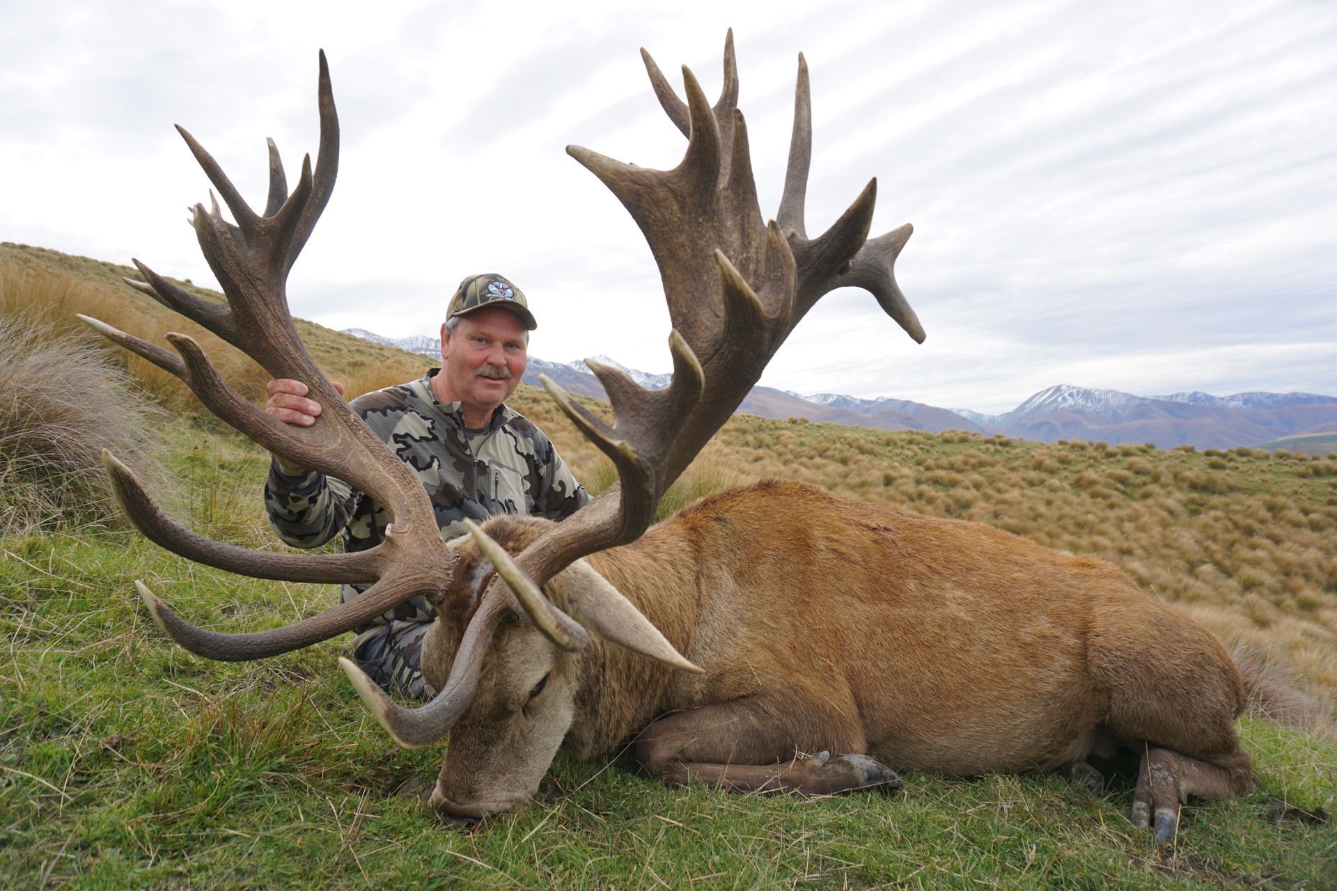 Man in camouflage holds the antlers of a large, dead red deer stag in a grassy hillside setting. The deer is brown and has large antlers.