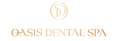 The logo for oasis dental spa is a gold logo on a white background.