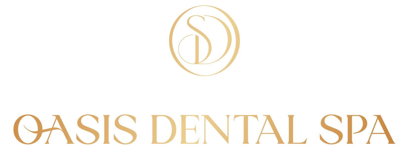 The logo for oasis dental spa is a gold logo on a white background.