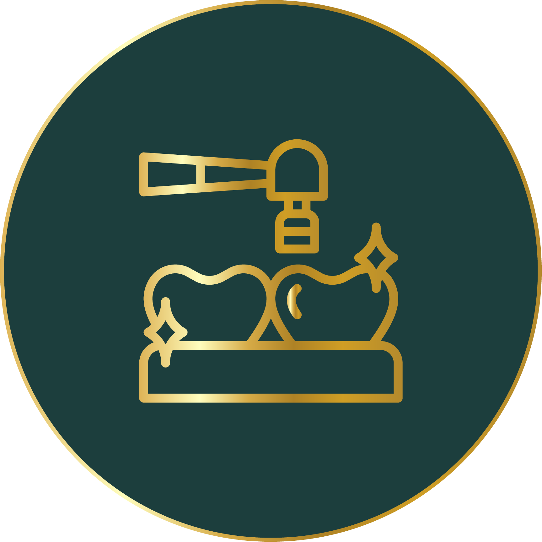 A gold icon of a hammer hitting a tooth on a green background.