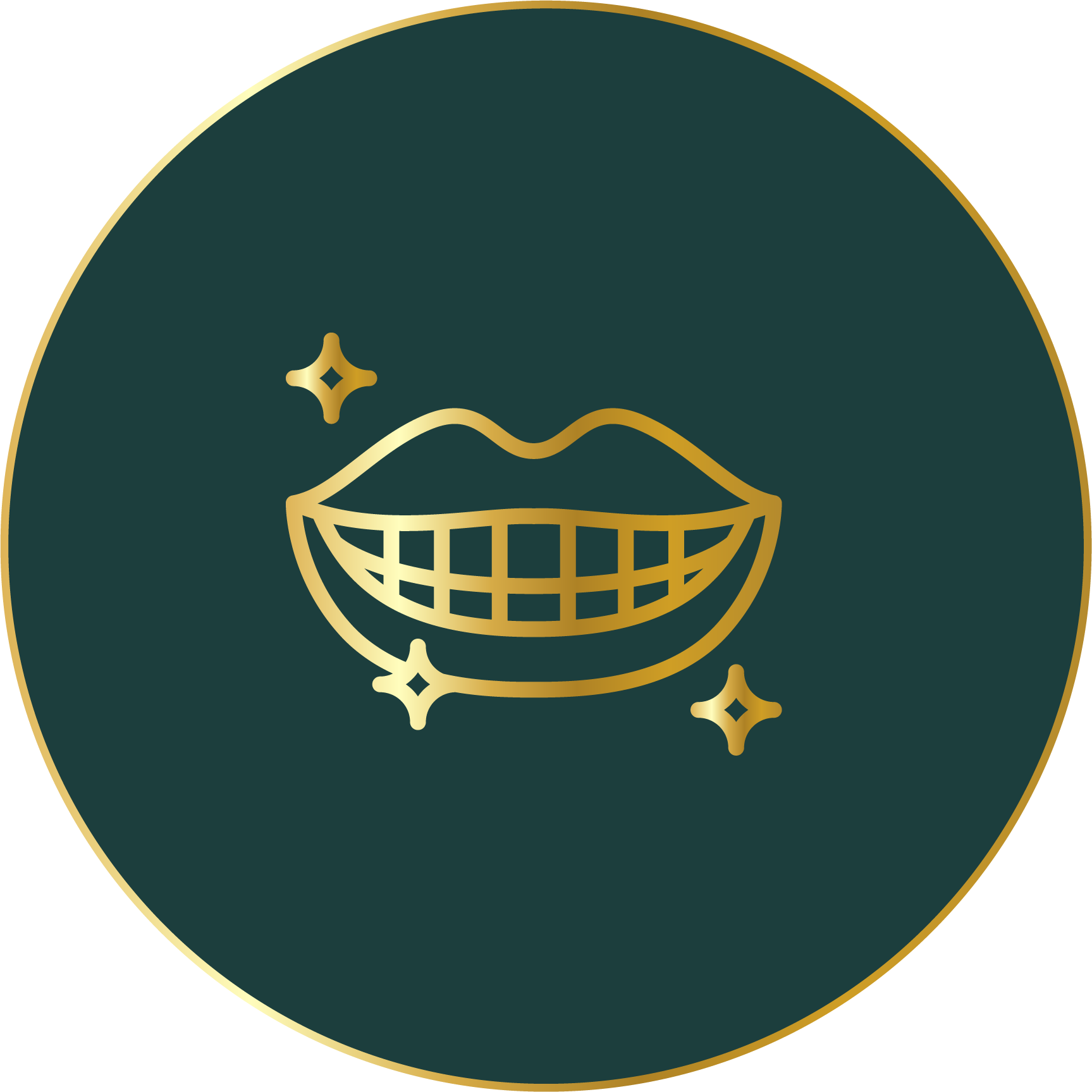 A gold icon of a smiling mouth with stars around it on a green background.