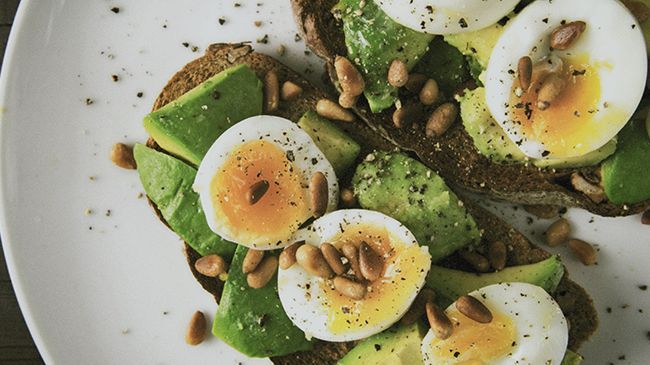 A close up of a plate of food with eggs and avocado