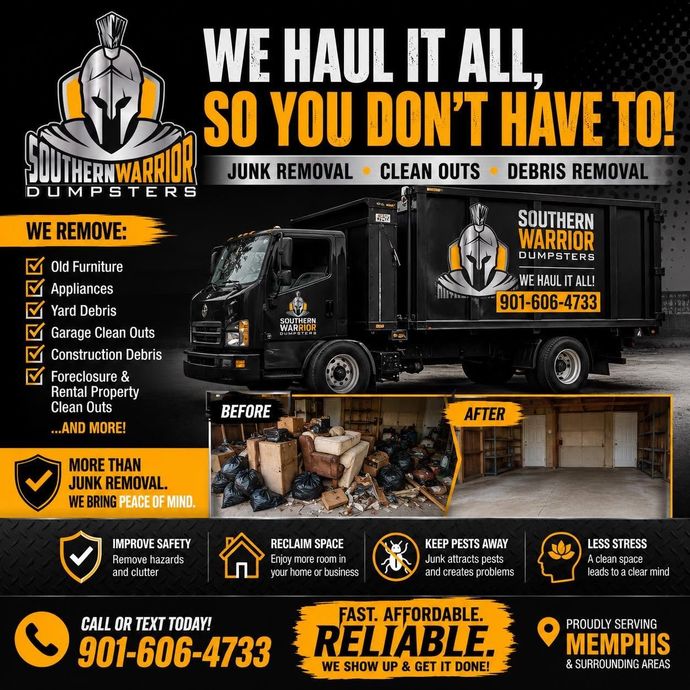Southern Warrior Dumpsters ad: black truck, junk removal services, before-and-after yard cleanup, orange accents