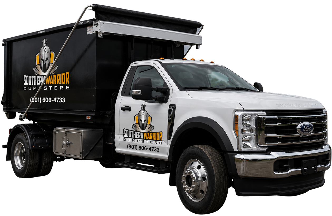 White Ford dump truck with black dump bed and company logo, isolated on white background