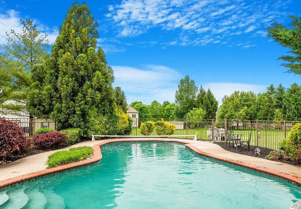 Backyard swimming pool with turquoise water, surrounded by lush greenery under a bright blue sky
