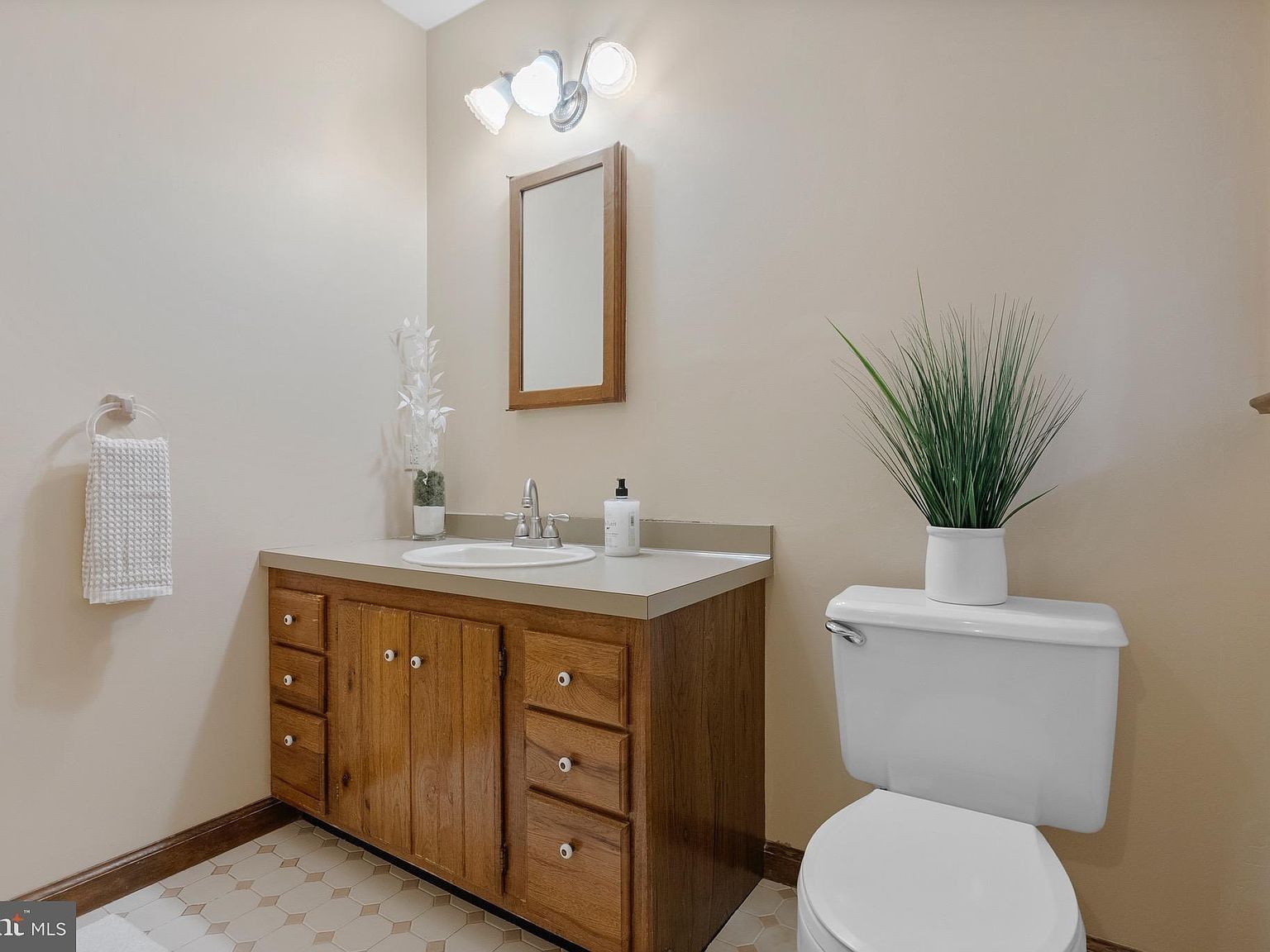 Small bathroom with wood vanity, mirror, sink, toilet, and a potted plant on the tank.