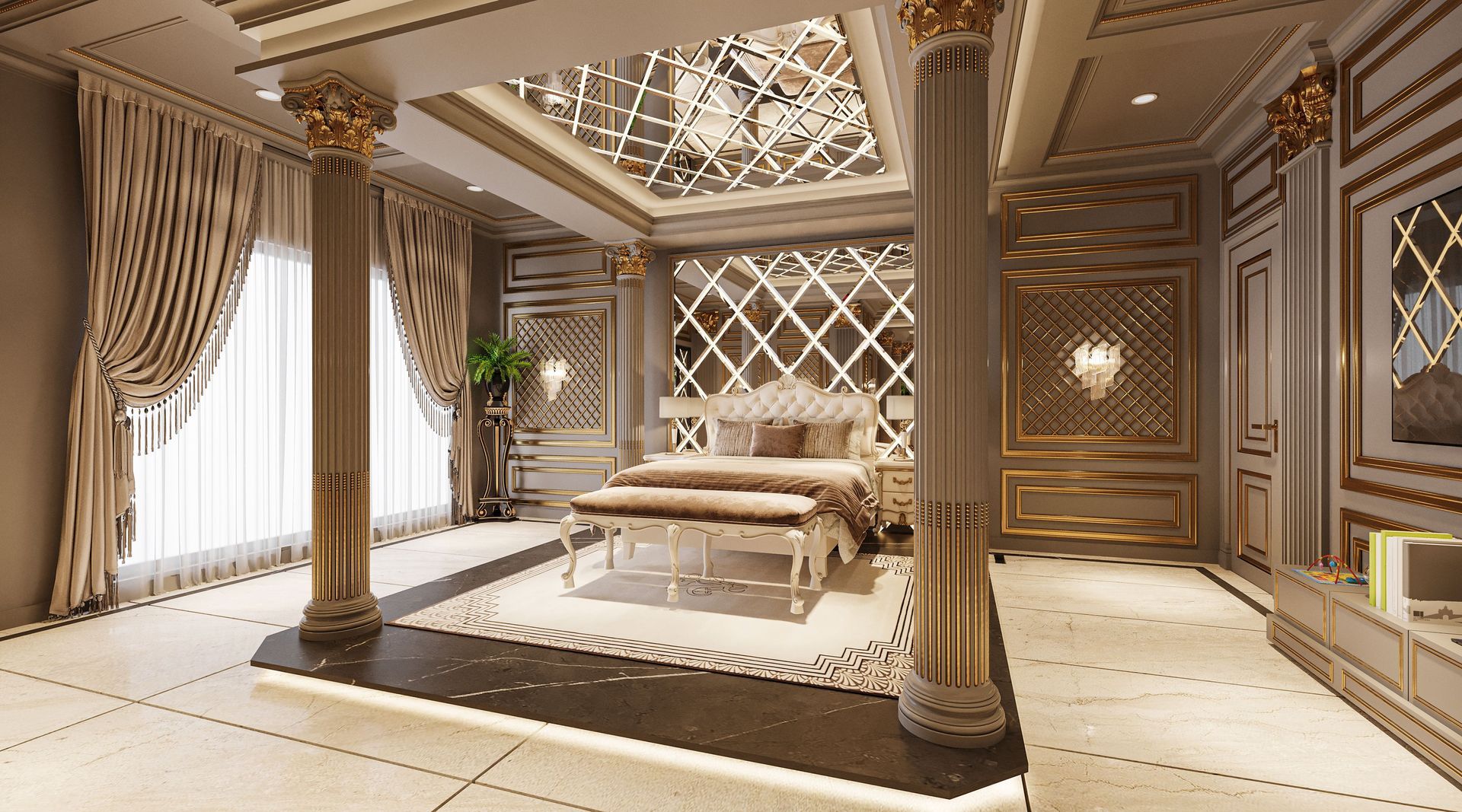 Bright living room with beige chairs, round coffee table, staircase, and dining area visible through doorway.
