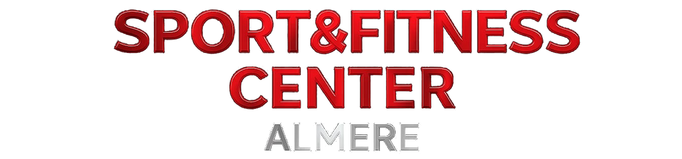 Logo van het sport- en fitnesscentrum in rood en grijs, met Almere eronder