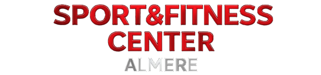 Logo van het sport- en fitnesscentrum in rood en grijs, met Almere eronder