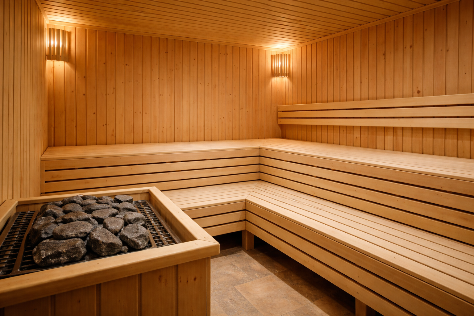 Lege houten sauna met L-vormige banken en een stenen kachel, verlicht door warme wandlampen