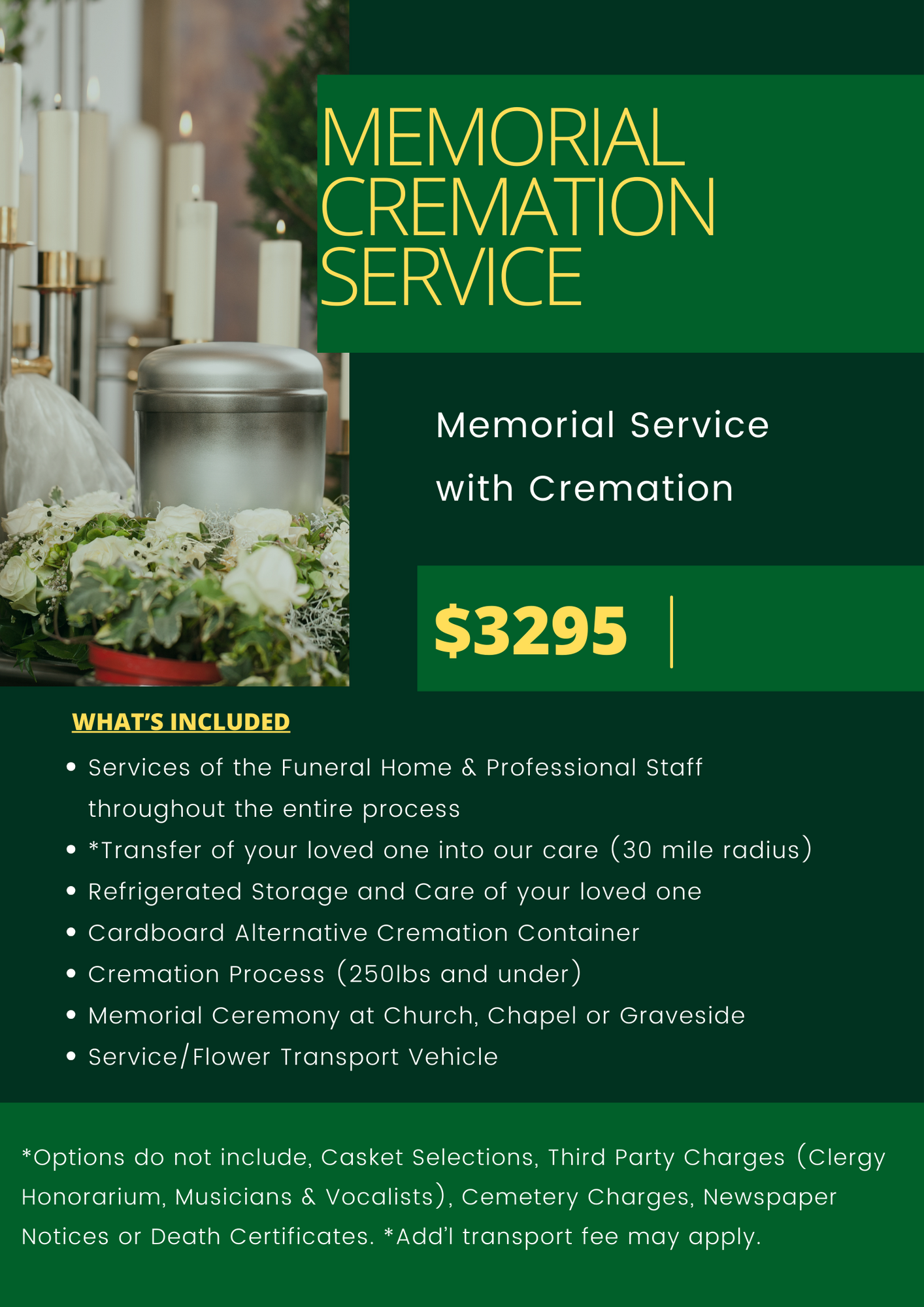 Memorial cremation service flyer with green background, candles, urn, flowers, and $3295 price listing