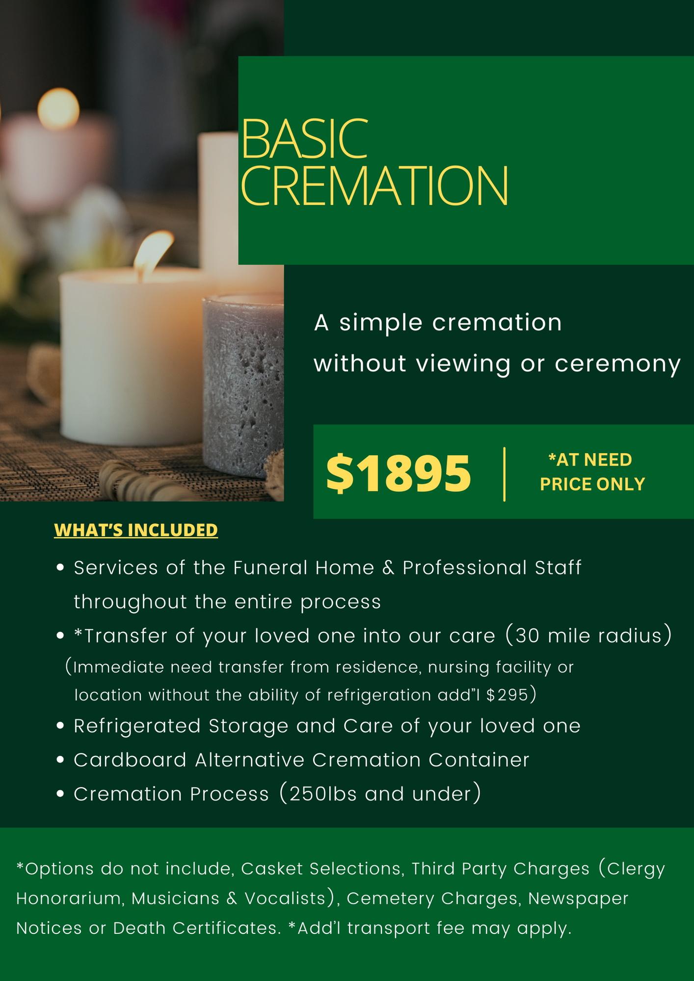 Basic cremation service flyer with candles, green background, and $1895 price.