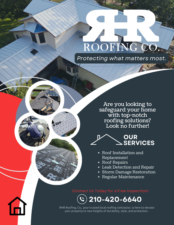 Roofing company advertisement with roof images, a house logo, and contact information.
