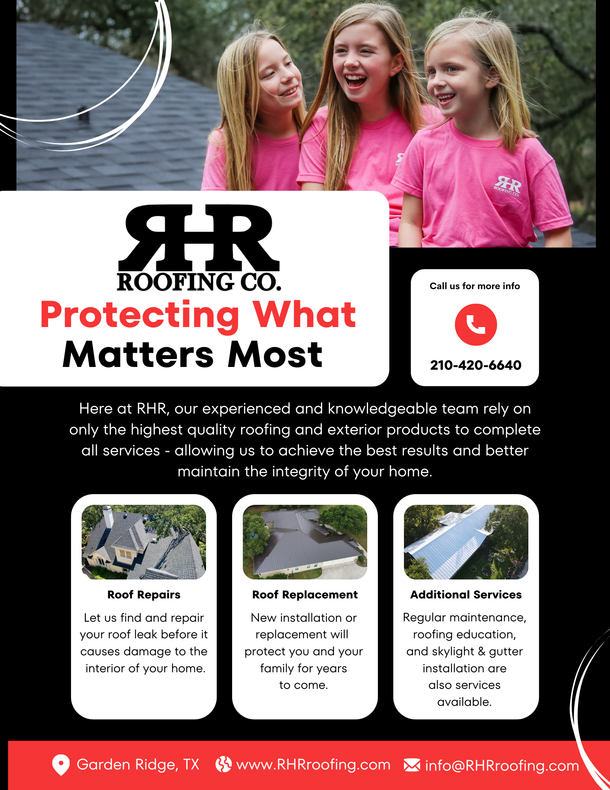 Advertisement for RR Roofing Co. featuring three smiling girls and roofing services.