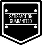 A black and white shield with the words `` satisfaction guaranteed '' written on it.