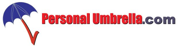 A logo for personal umbrella.com with a blue umbrella