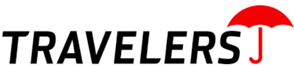 A logo for travelers j with a red umbrella