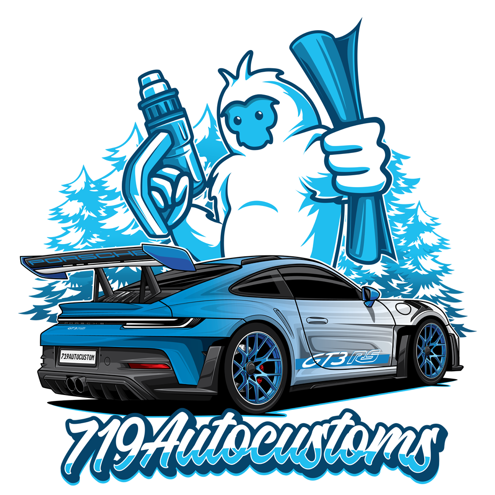 Blue-and-white cartoon car customization logo with a stylized mascot holding detailing tools and “719Autocustoms” text